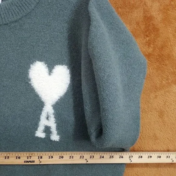 AMI PARIS Sweater Mens XXL Green Boxy Heart Logo Wool Alpaca De Coeur $685 - Picture 6 of 11